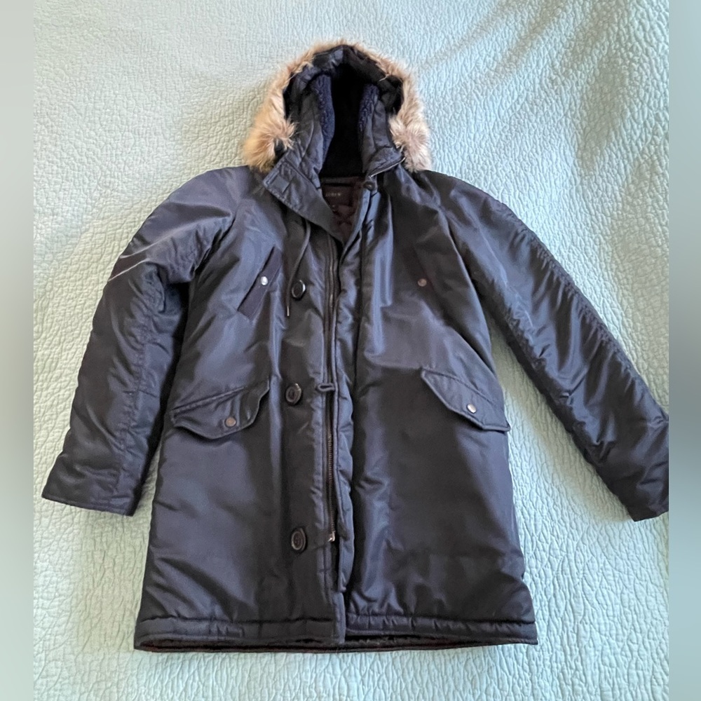 J. Crew Winter Jacket with Fur Hood in Navy